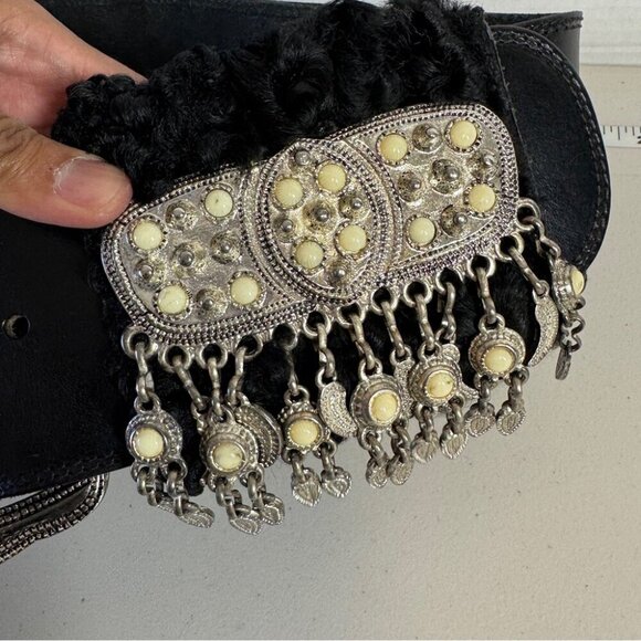 Vintage Doppia Vita Black Wide Leather Belt w/ Metal Beaded Buckle & Tassel main image 12